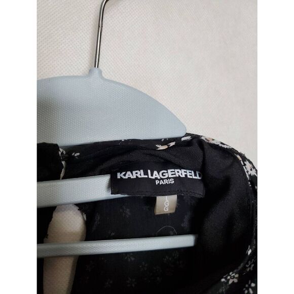 Karl Lagerfeld Paris Floral High Neck Key Hole Balloon Sleeve Semi Sheer Blouse - Picture 3 of 11